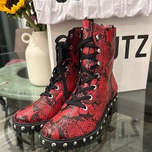 New in Box $190 Schutz Sleek Red Snake Print Combat Boots sz 9.5